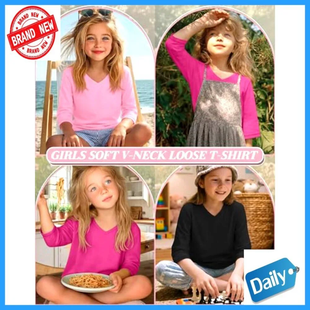 Girls 3-Pack 3/4 Sleeve V-Neck Tees Loose Fit Lightweight Summer Tops
